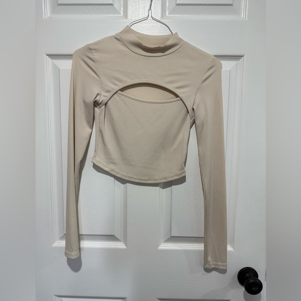 SHEIN Tan Cream Long Sleeve Cut Out Crop top